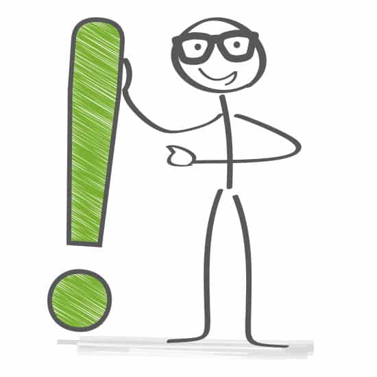Strichmännchen mit Brille zeigt auf ein großes grünes Ausrufezeichen, symbolisiert unsere Leistungen und Lösungen für WordPress-Dienstleistungen