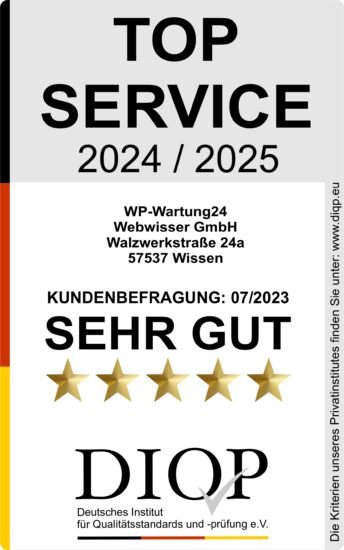 Dieses Bild zeigt die Zertifizierung TOP SERVICE 2024/2025 von DIQP. 
