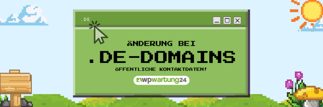 Pixelgrafik mit der Aufschrift „Änderung bei .de-Domains – Öffentliche Kontaktdaten“, die auf neue Regelungen zur Sichtbarkeit von DENIC-WHOIS-Daten für Unternehmen hinweist.