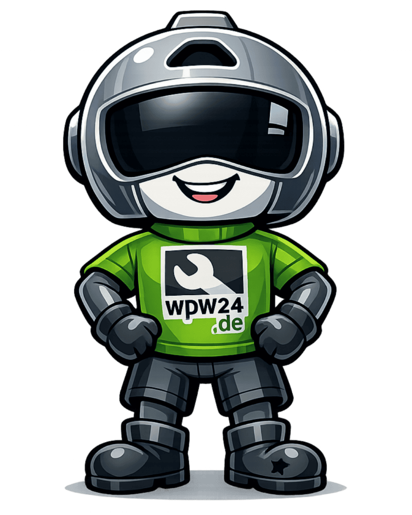 WP-Wartung24 Buddy – WordPress Maintenance and Support Character Cartoon mascot of WP-Wartung24 wearing a helmet and green shirt with WPW24 logo, representing WordPress maintenance and technical support