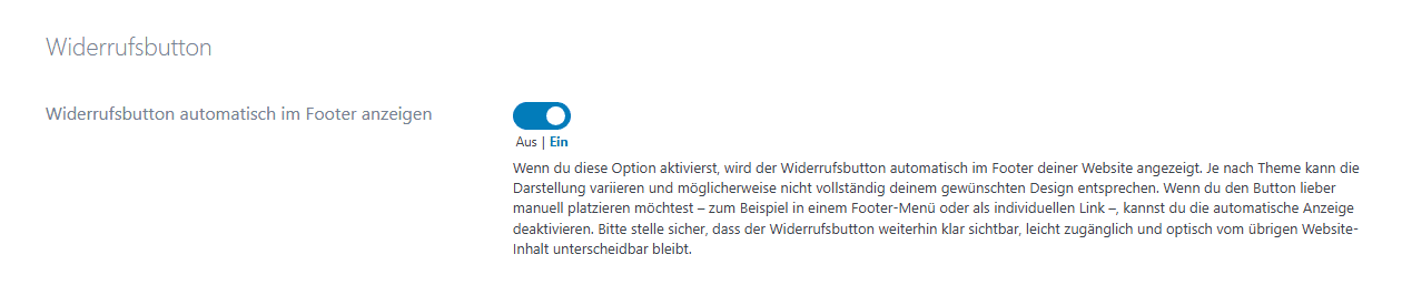 Einstellung zur automatischen Anzeige des Widerrufsbuttons im Footer einer WordPress-Website