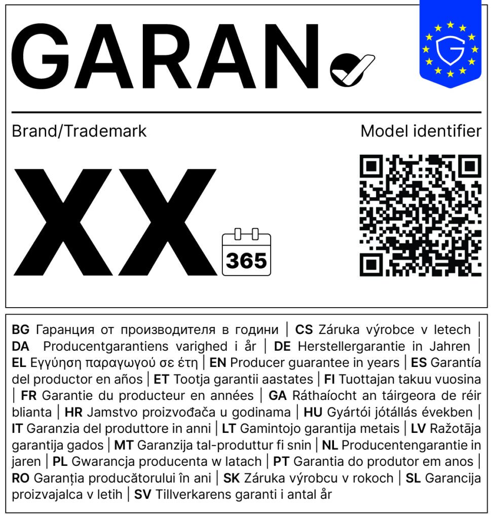 Offizielles EU-Garantie-Label mit Angaben zu Marke, Modell, Garantiedauer und QR-Code.