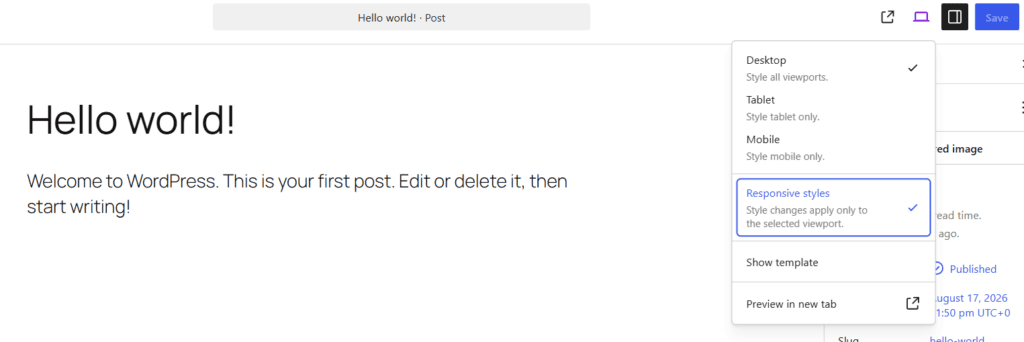 WordPress-Editor mit geöffnetem Menü für Desktop-, Tablet- und Mobile-Ansichten sowie aktivierter Option „Responsive styles“.